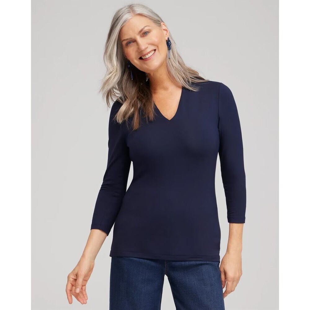 NWT Chico’s The Ultimate Tee V-Neck Classic Navy Blue 3/4 Sleeve 0 Small $45.50